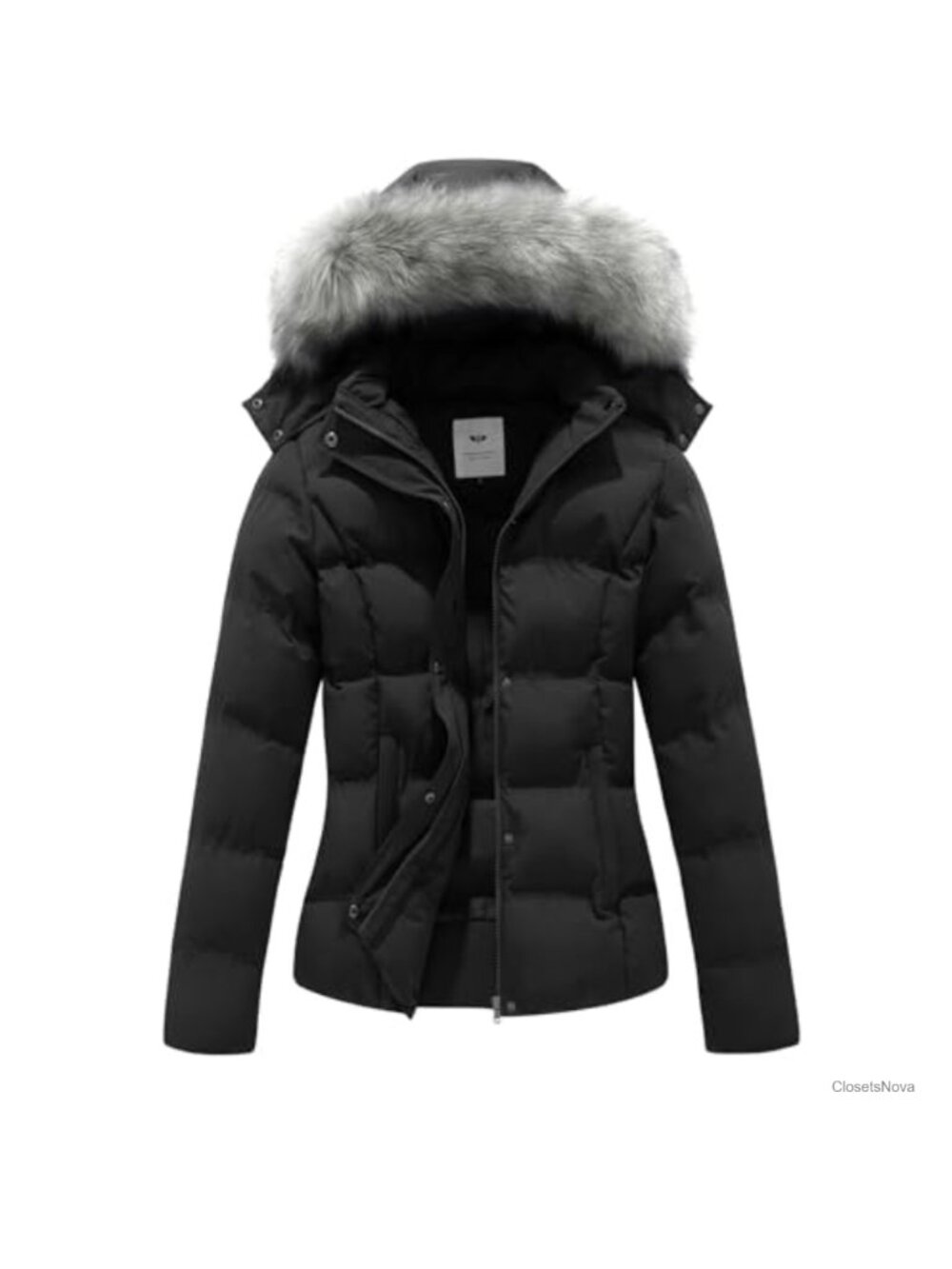 Quilted Puffer Coat Winter Jacket Removable Faux Fur Hood
